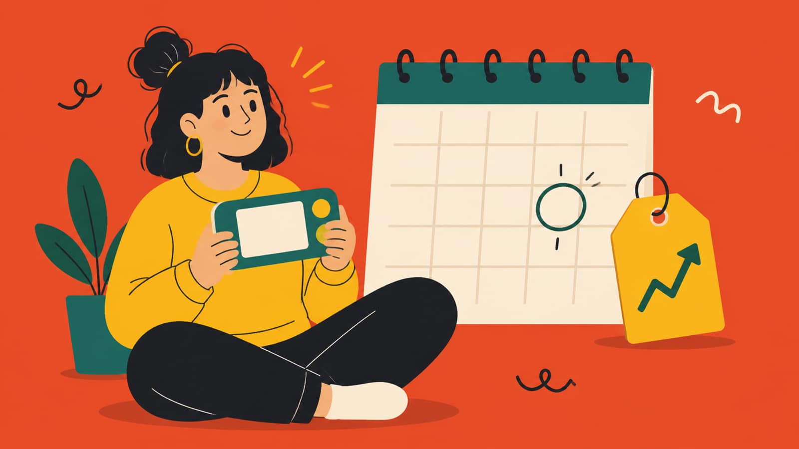 Flat illustration of a woman holding a simple handheld game device in front of a calendar with a circled date and a rising price tag