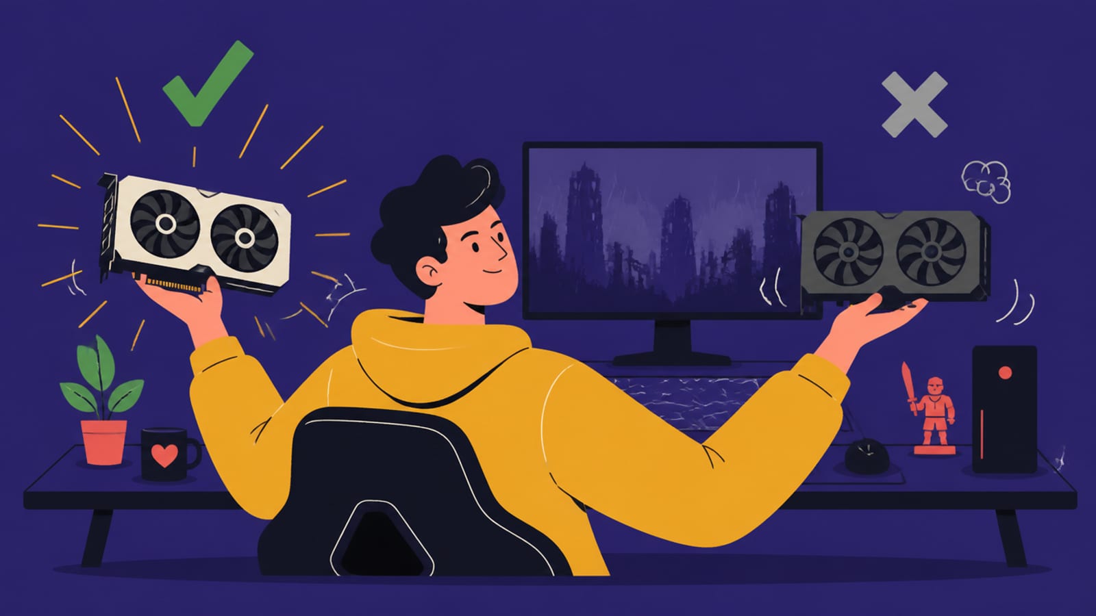 Flat illustration of a gamer holding up two graphics cards, one glowing with light rays and a tick, the other with a cross