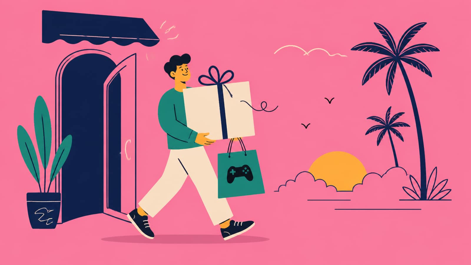 Flat illustration of a person leaving a shop carrying a big gift-wrapped box and a bag with a controller icon, palm trees behind