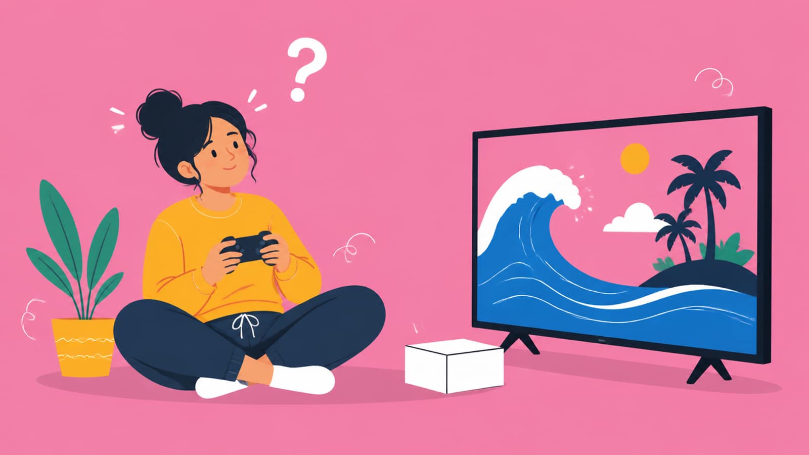 Flat illustration of a person on the floor holding a controller, looking at a TV with ocean waves and palm trees, a question mark above