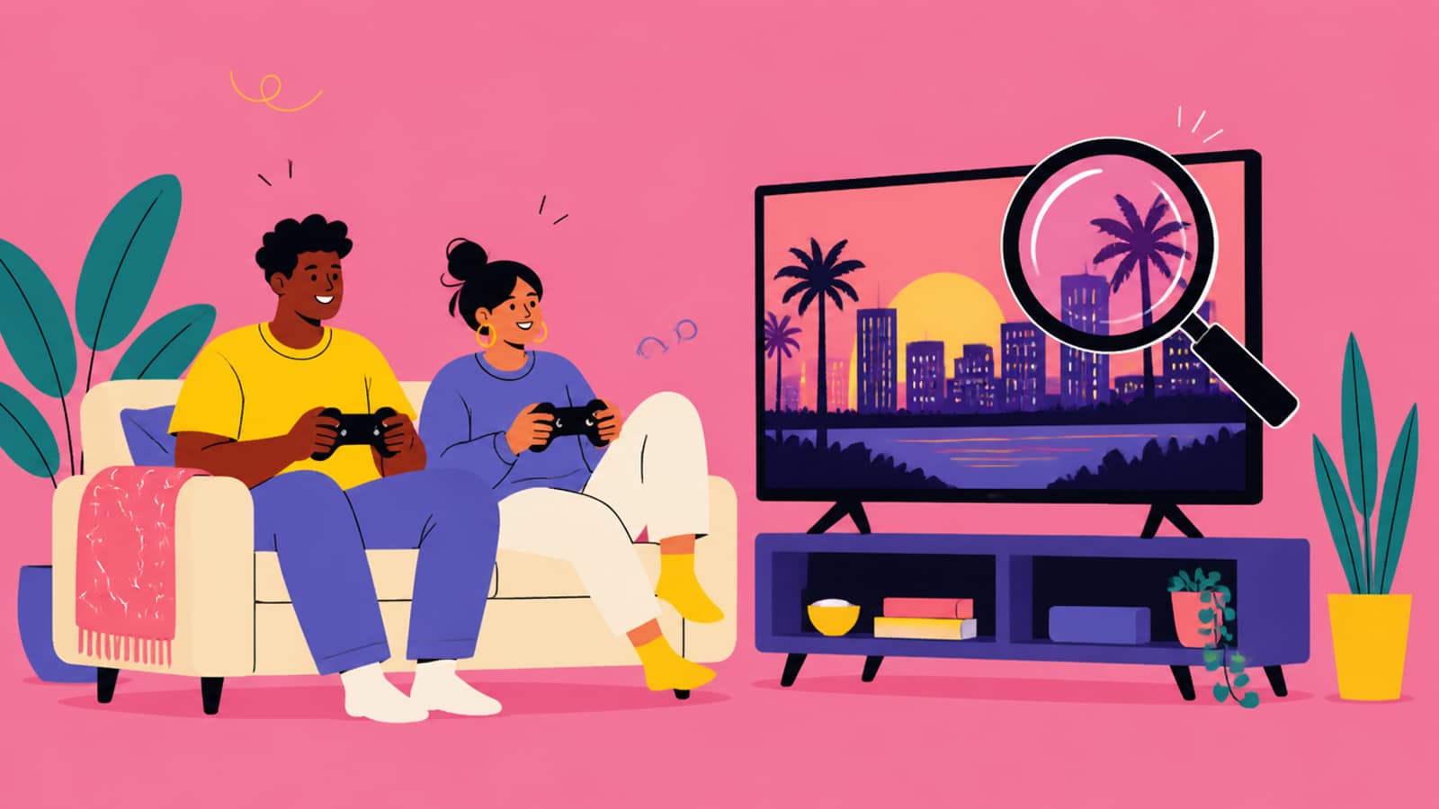 Flat illustration of two friends on a couch with controllers, a magnifying glass hovering over a TV showing a neon city at sunset