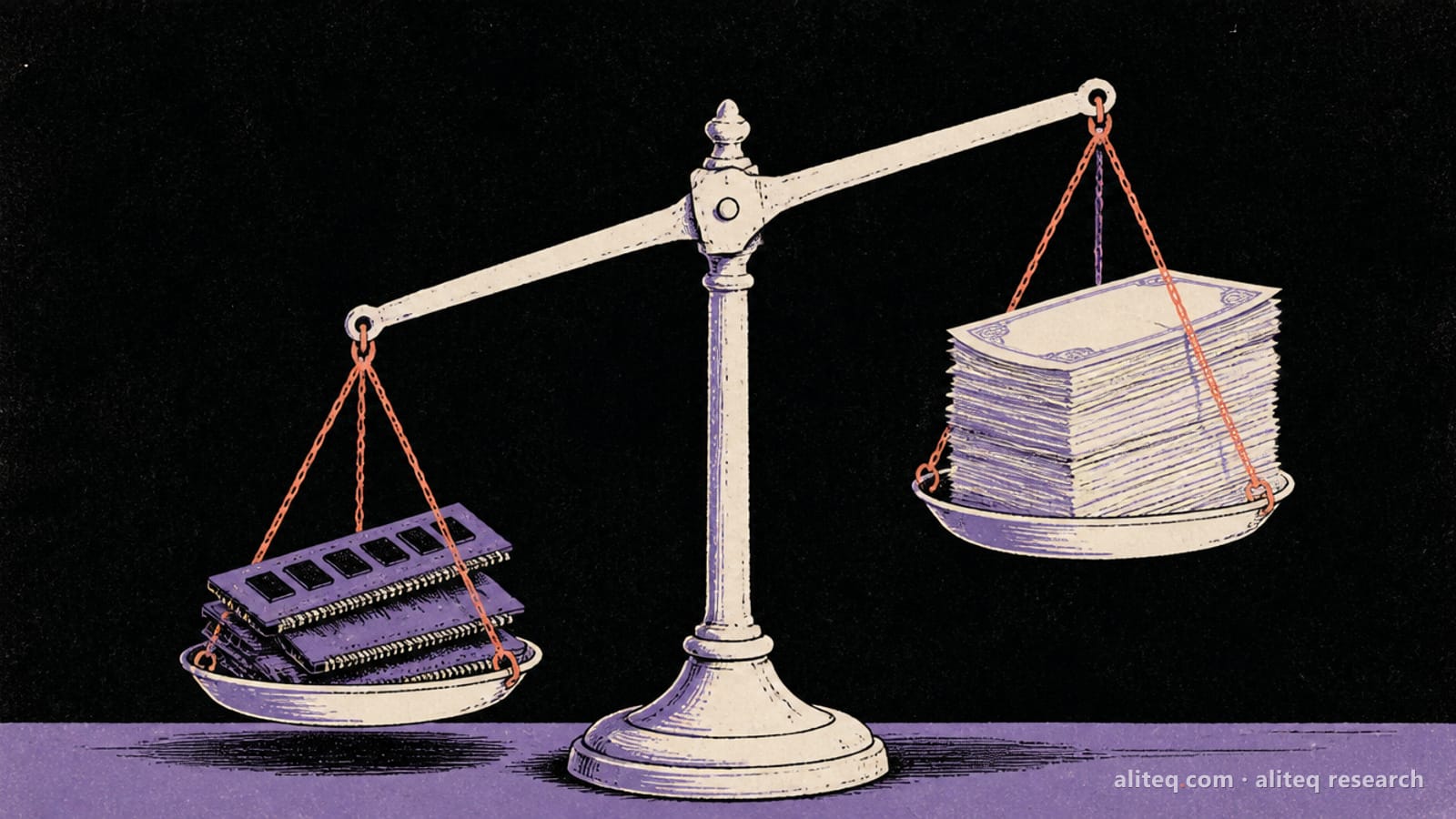 Hand-drawn editorial illustration of a balance scale with memory chips on one pan and a tall pile of blank banknotes on the other, the scale tipping toward the chips