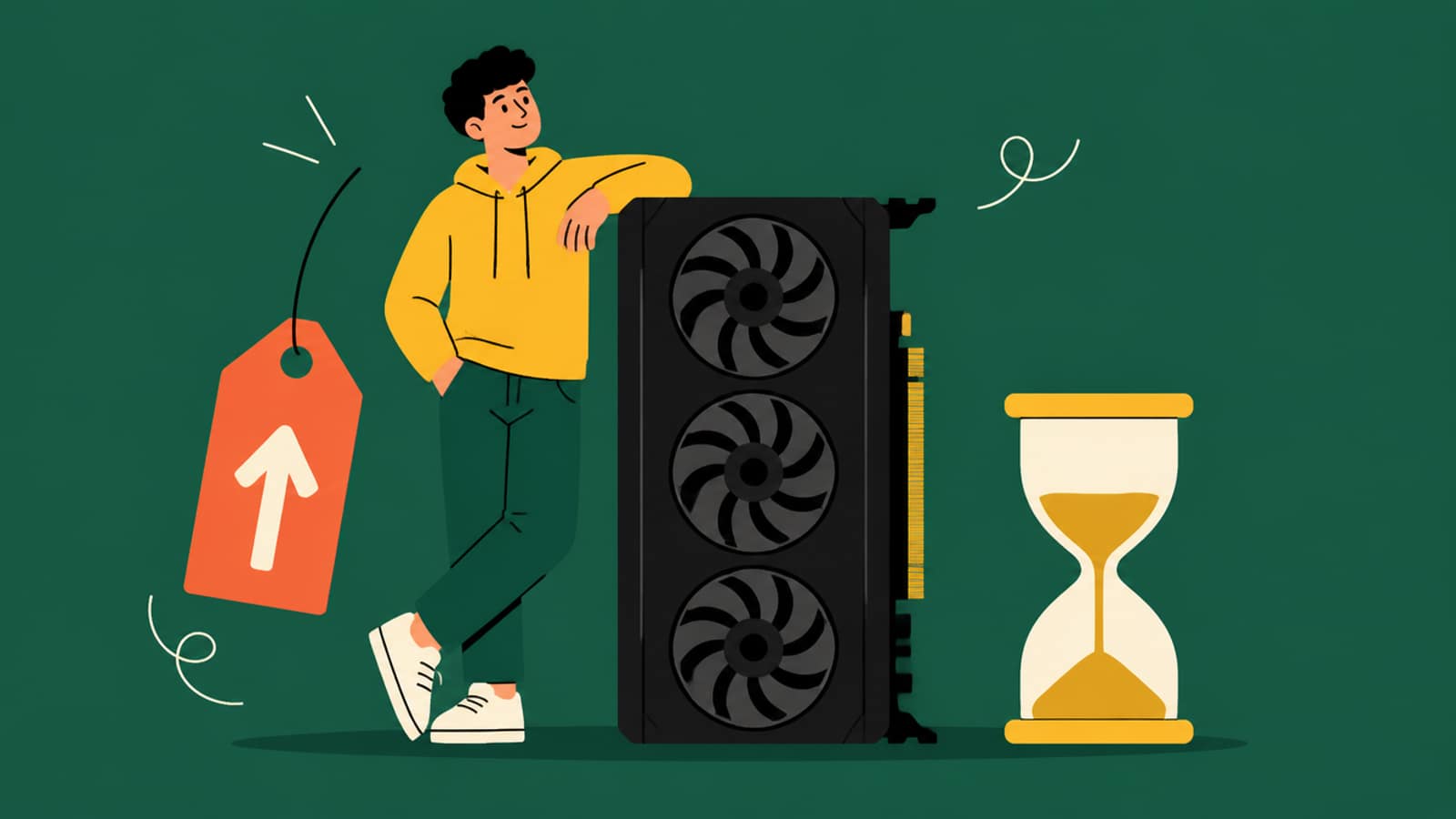 Flat illustration of a person next to an oversized graphics card with a rising price tag on one side and an hourglass on the other