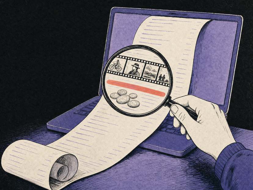 Hand-drawn illustration: a hand holds a magnifying glass over a long receipt curling out of a laptop, where the lines turn into film frames and coins