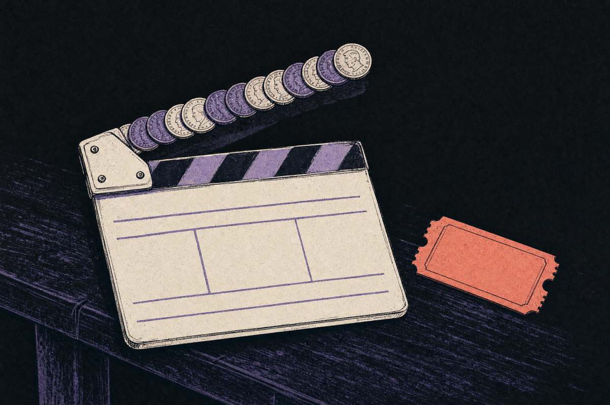 Hand-drawn illustration of a film clapperboard whose arm is a row of coins, next to a coral ticket stub