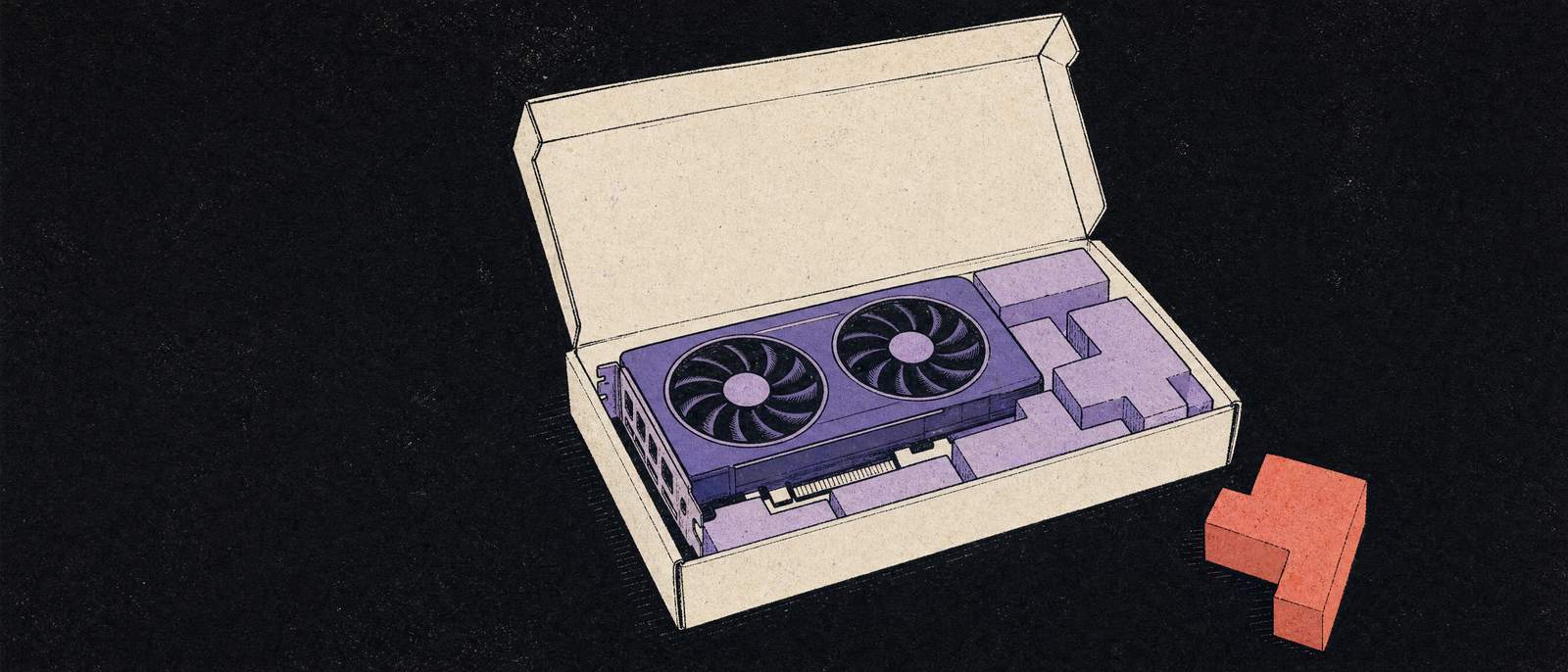 Hand-drawn illustration of a graphics card in an open paper box, with blocks fitted around it and one coral block that doesn't fit