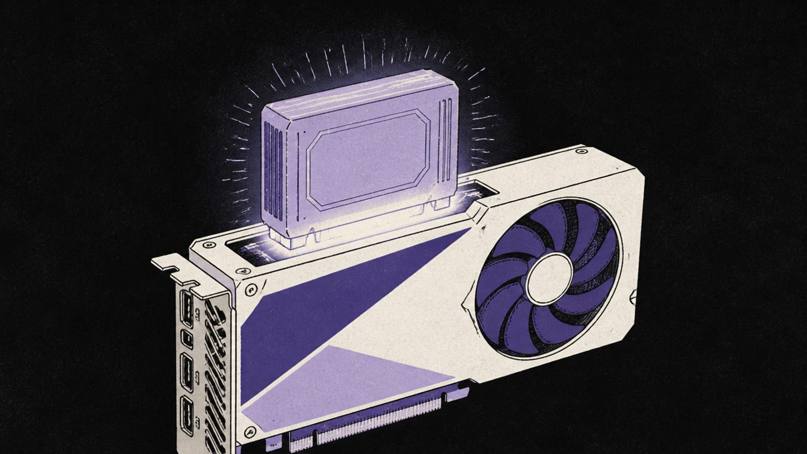 Isometric diorama of a friendly glowing AI chip seated on a mid-range graphics card, near-black background, indigo-violet with a coral accent
