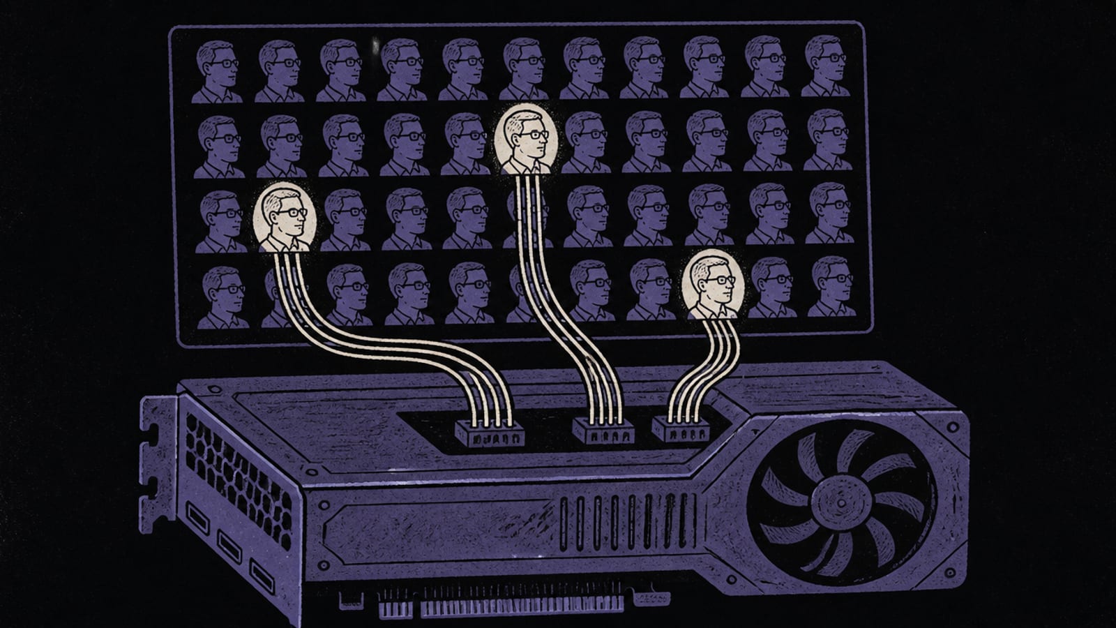 Editorial infographic of a mixture-of-experts model: a few active expert blocks on a GPU and the rest resting in system memory, near-black background, indigo-violet with a coral accent