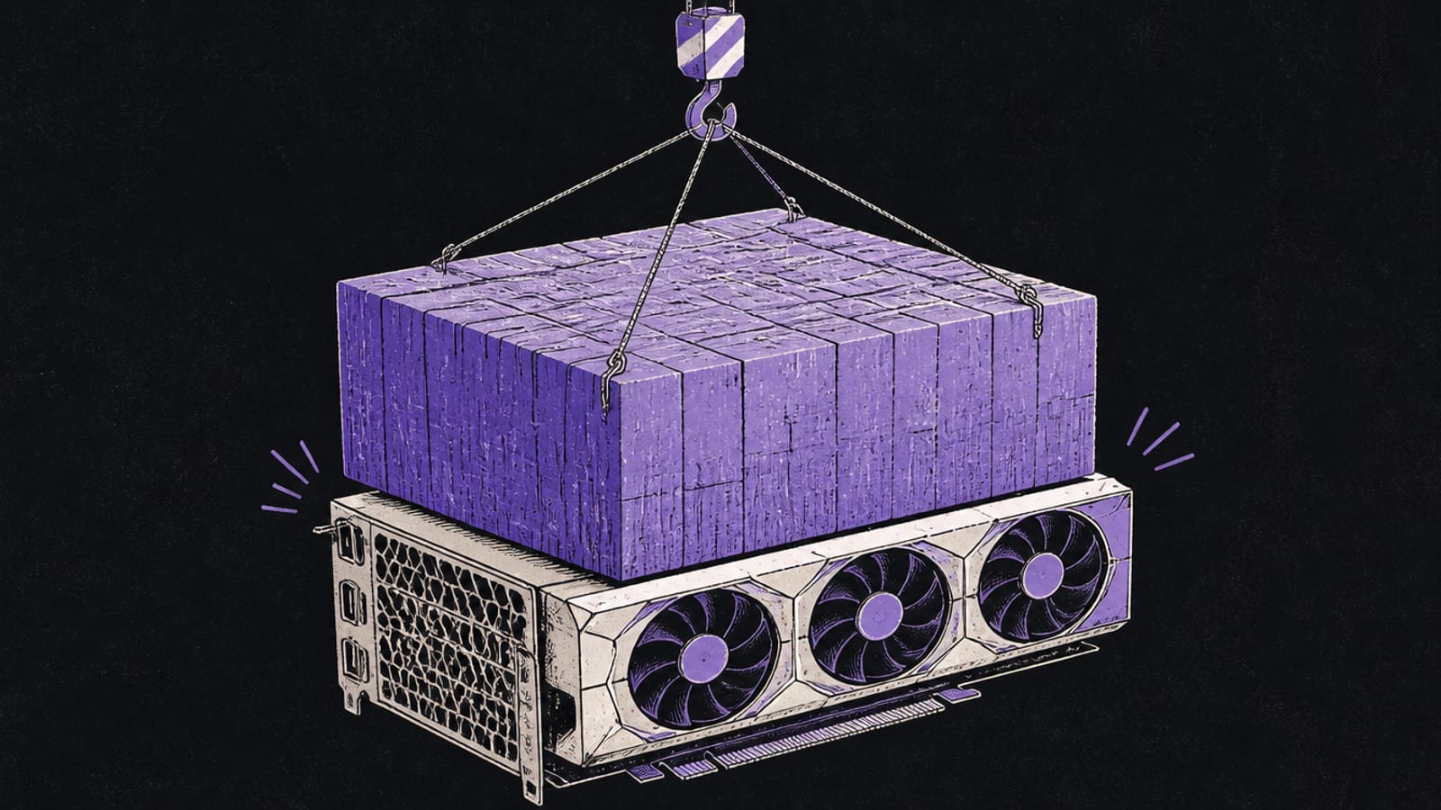 Realistic painterly illustration of a large glowing processor die radiating soft light on a dark surface, deep indigo-violet with a warm coral highlight