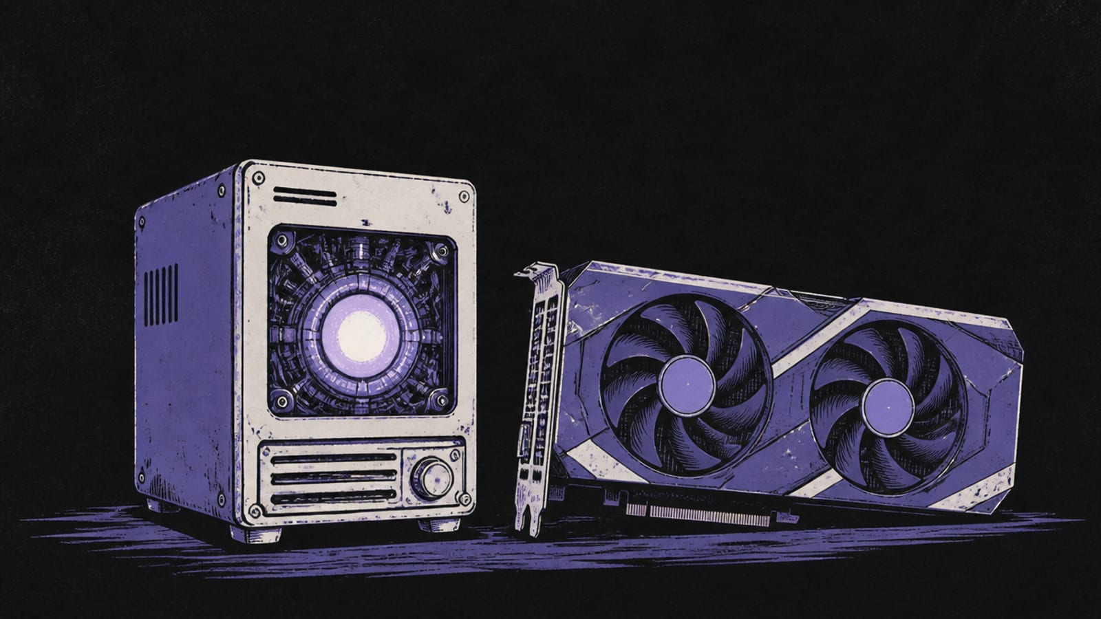 Realistic painterly illustration of a small compact glowing processor on a dark surface, deep indigo-violet with a warm coral highlight
