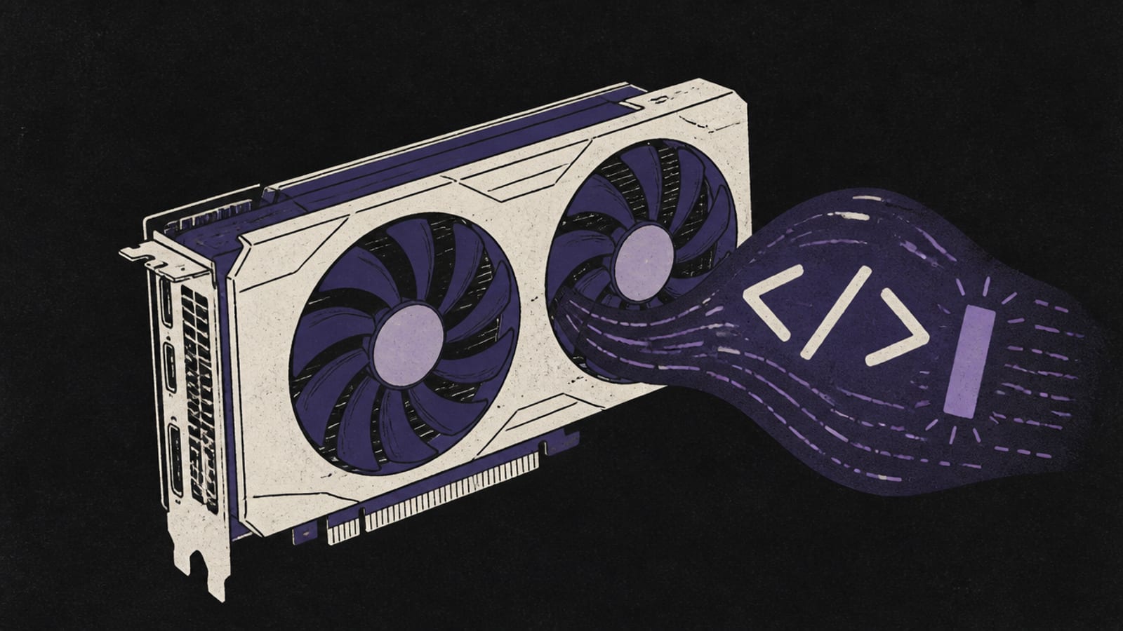 Isometric diorama of a code editor window and a graphics card together on a desk with a small padlock, near-black background, indigo-violet with a coral accent