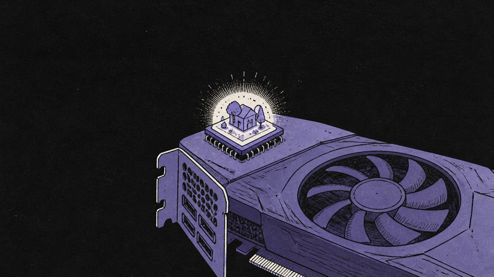 Editorial infographic of a compact AI model badge flowing into a mid-range GPU that comfortably fits it, near-black background, indigo-violet with a coral accent