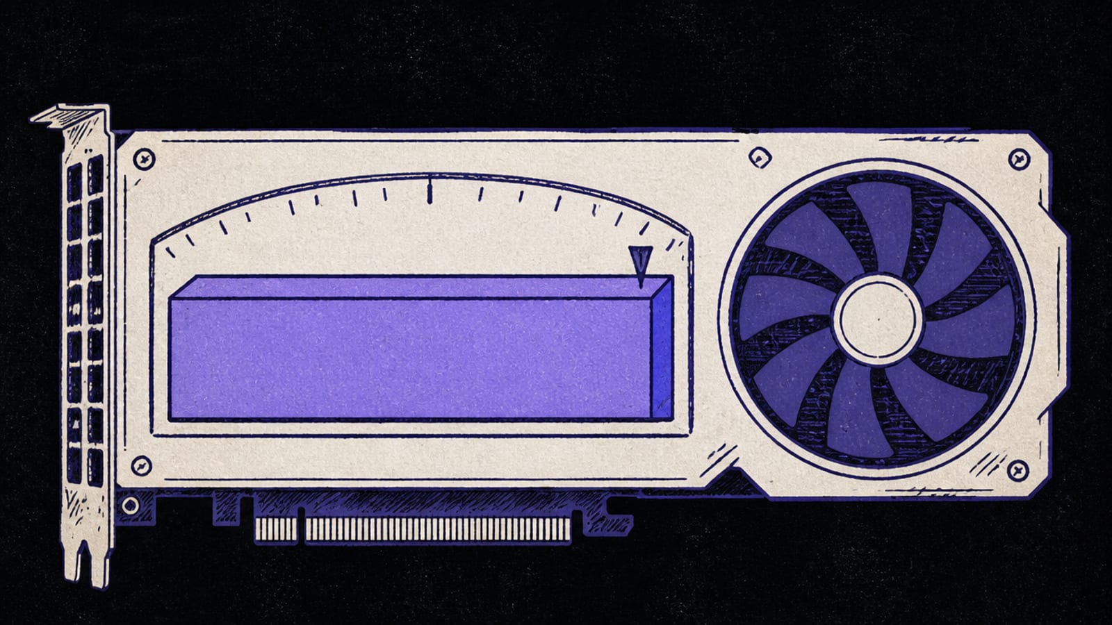 Editorial infographic of a solid dense 27B model block fitting neatly inside a 24GB graphics card, near-black background, indigo-violet with a coral accent