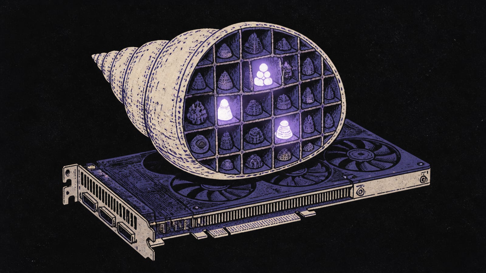 Isometric diorama of a grid of many small expert blocks with only a few lit up feeding a token, near-black background, indigo-violet with a coral accent