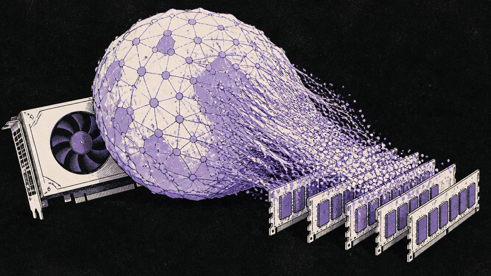 Isometric diorama of a huge grid of expert blocks overflowing off a single graphics card into several system-RAM sticks, near-black background, indigo-violet with a coral accent