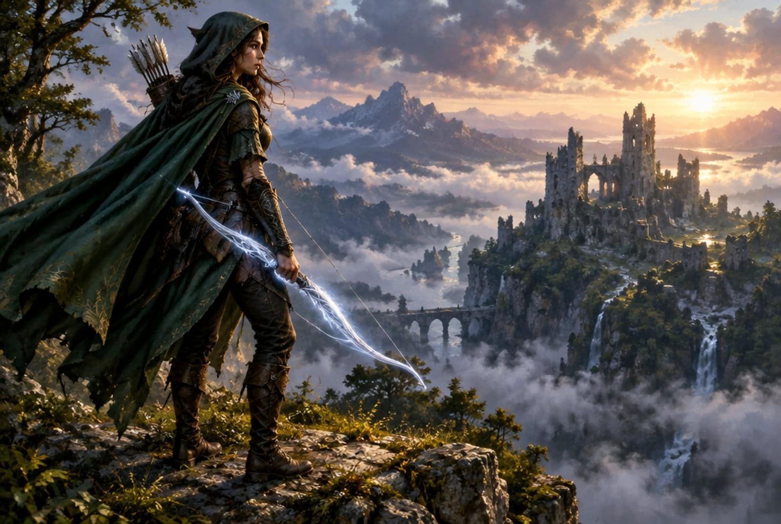 Painterly fantasy concept art of a cloaked ranger with a glowing silver bow above a misty valley and a ruined castle