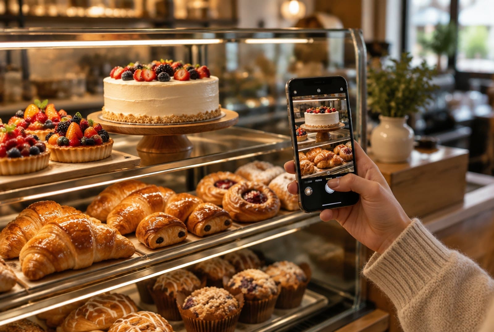 Bakery display case with glossy pastries and a cake, a hand holding a phone photographing it in warm cafe light