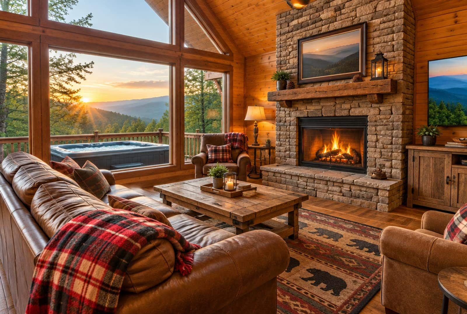 Cozy mountain cabin living room with a lit stone fireplace and a hot tub visible through a big window at golden hour