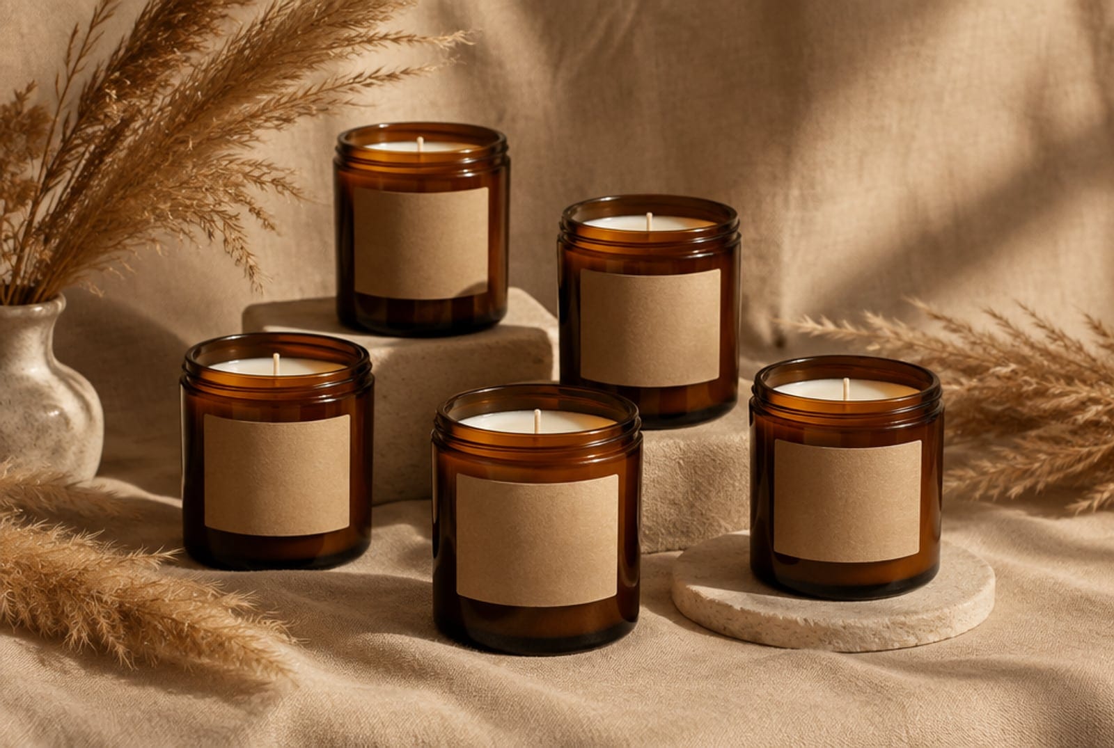 Five hand-poured soy candles in amber jars with blank kraft labels on warm linen, styled studio product photo