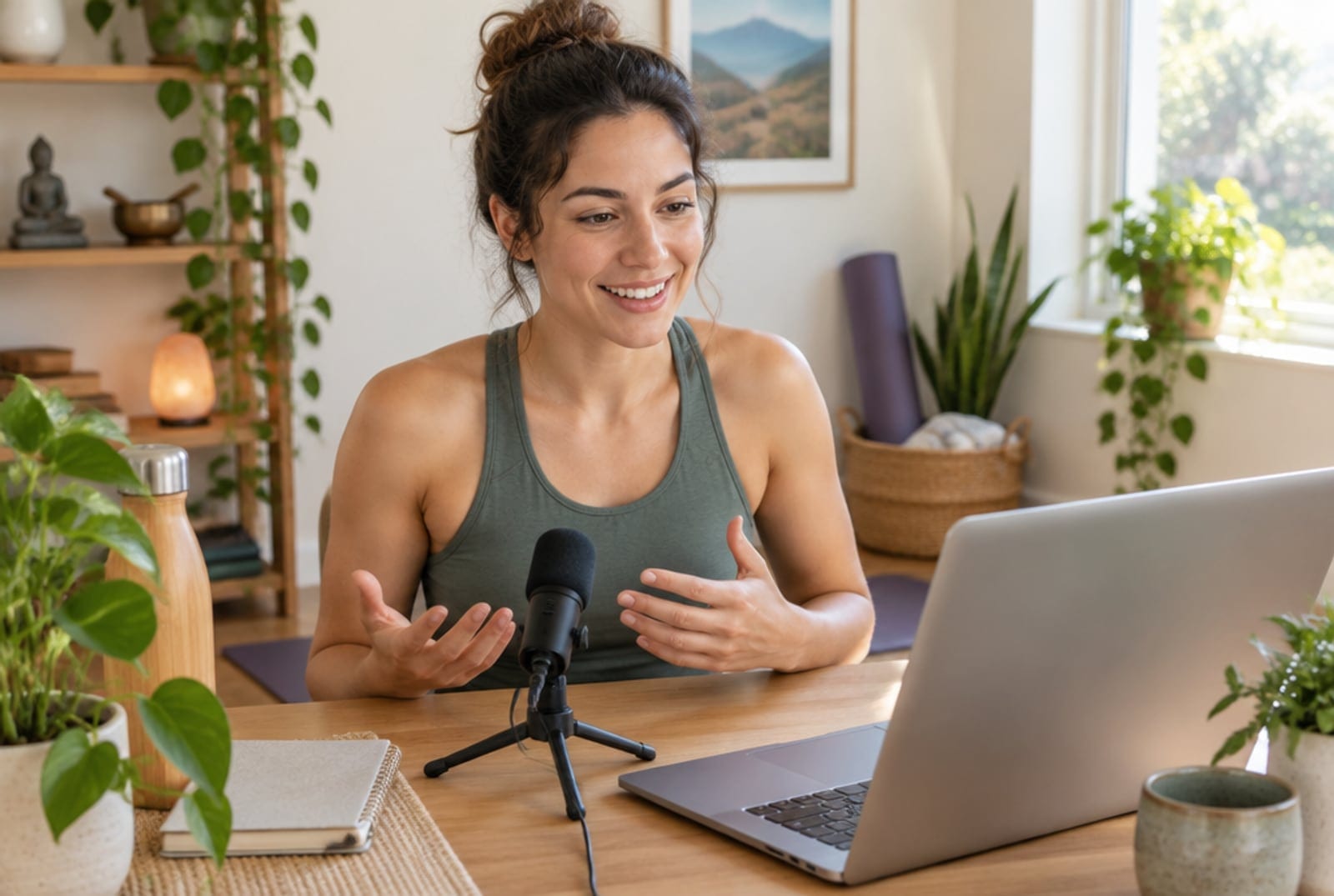 Wellness coach recording a lesson into a laptop with a small microphone at a bright home desk with plants