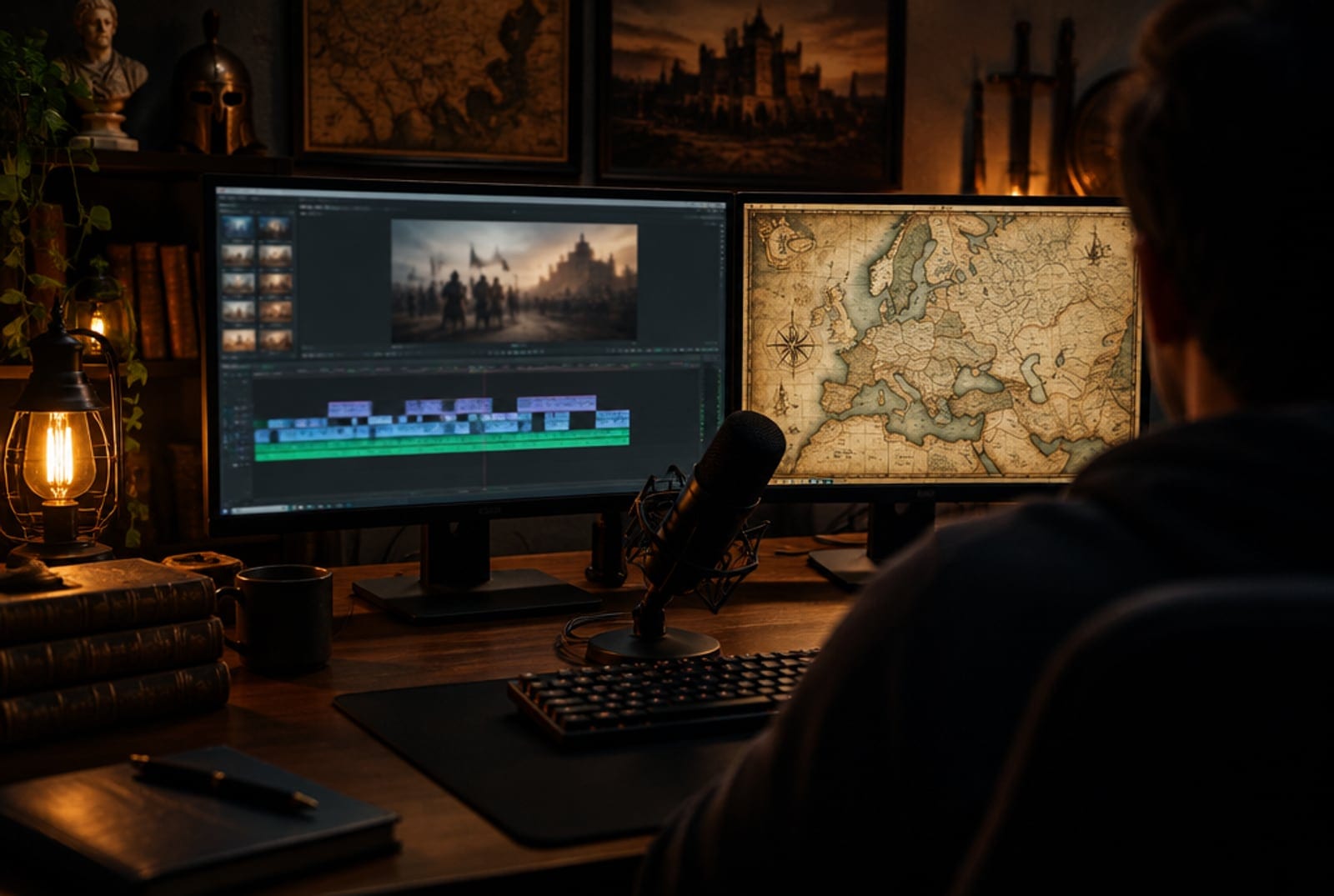 Dark home studio desk with dual monitors showing a blurred video timeline and an old map, microphone, a creator's shoulder from behind