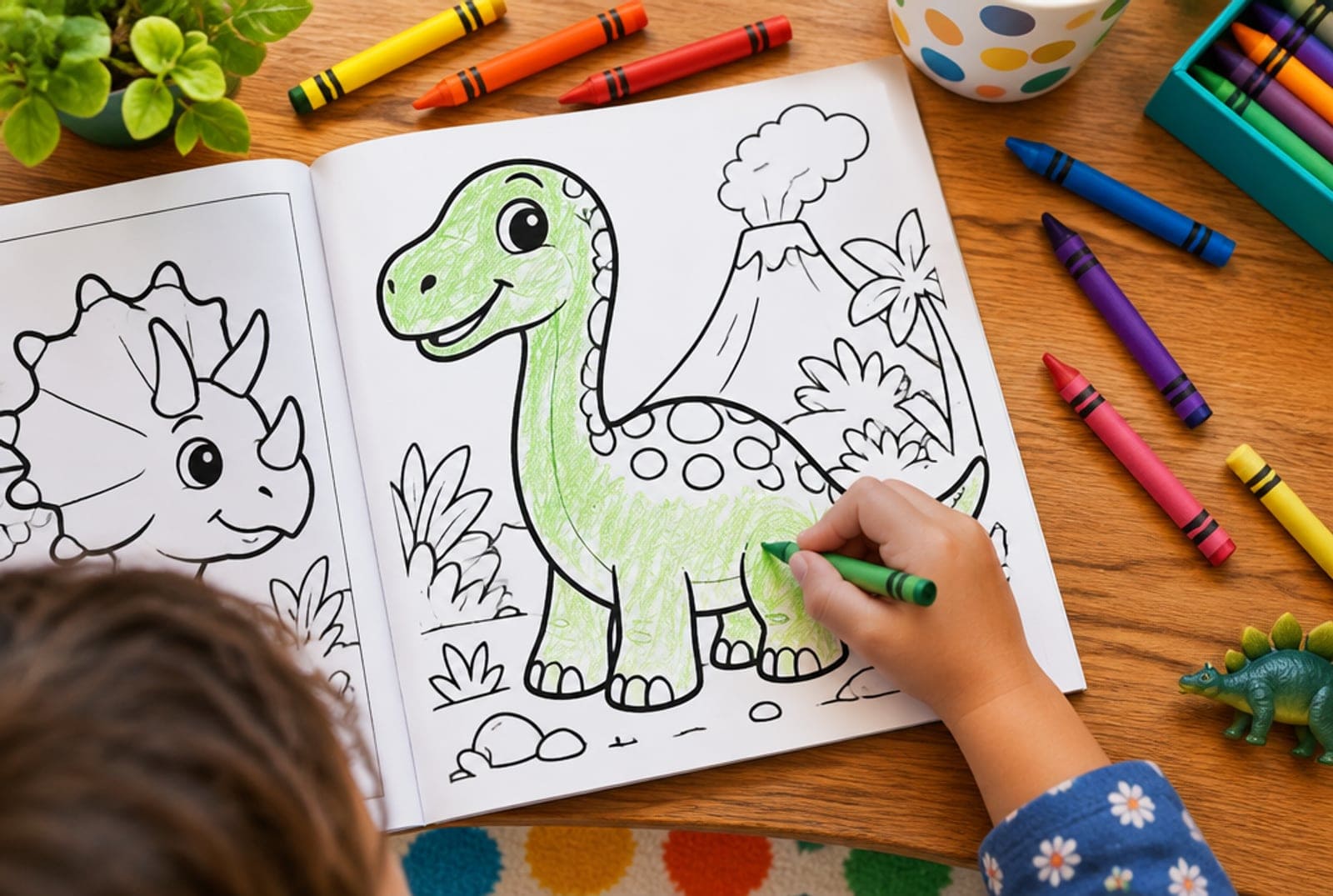 Kids coloring book open to a bold line-art dinosaur page with crayons scattered and a child's hand coloring