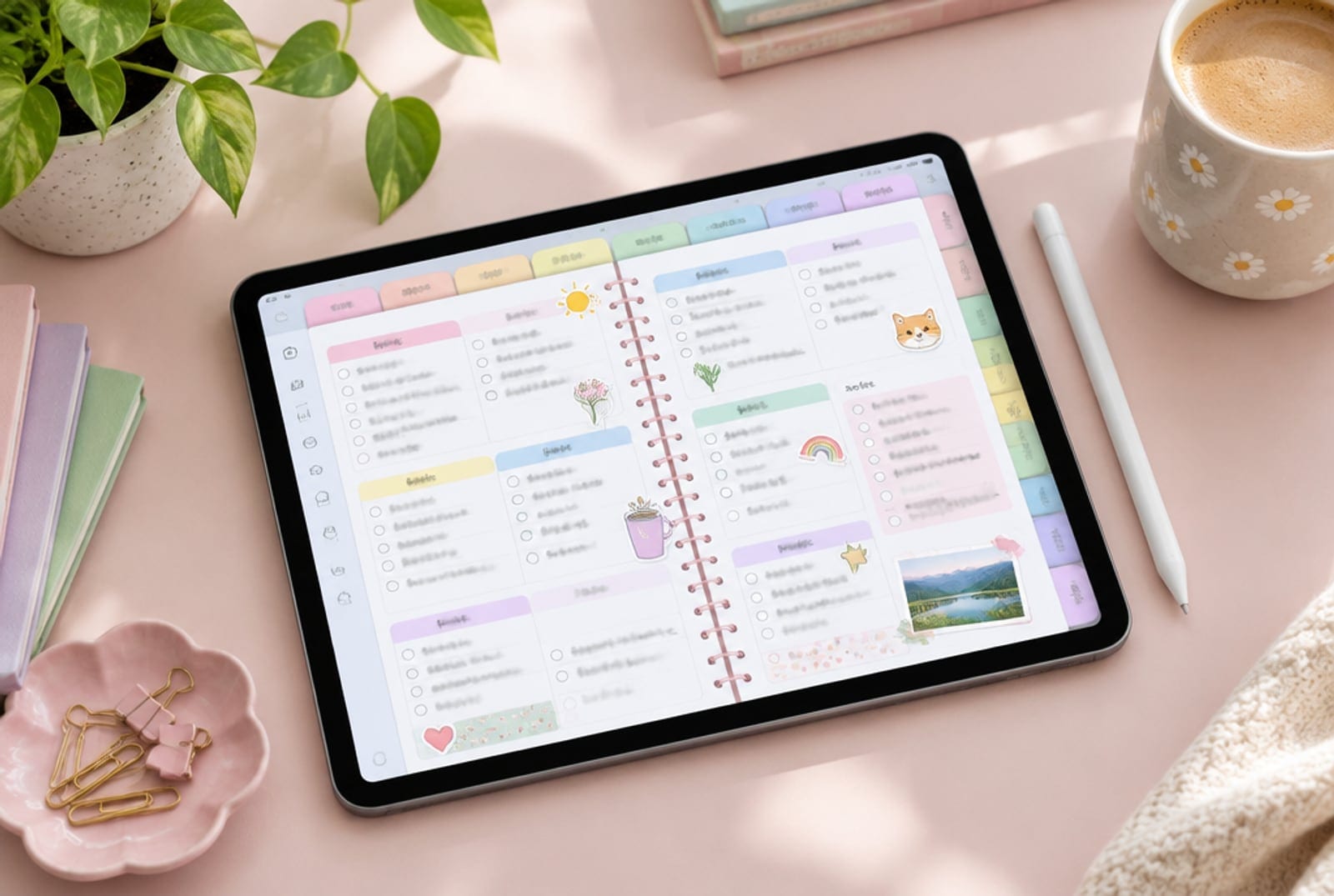 iPad on a pastel desk showing a colorful digital planner page with tabs and stickers next to an Apple Pencil and coffee