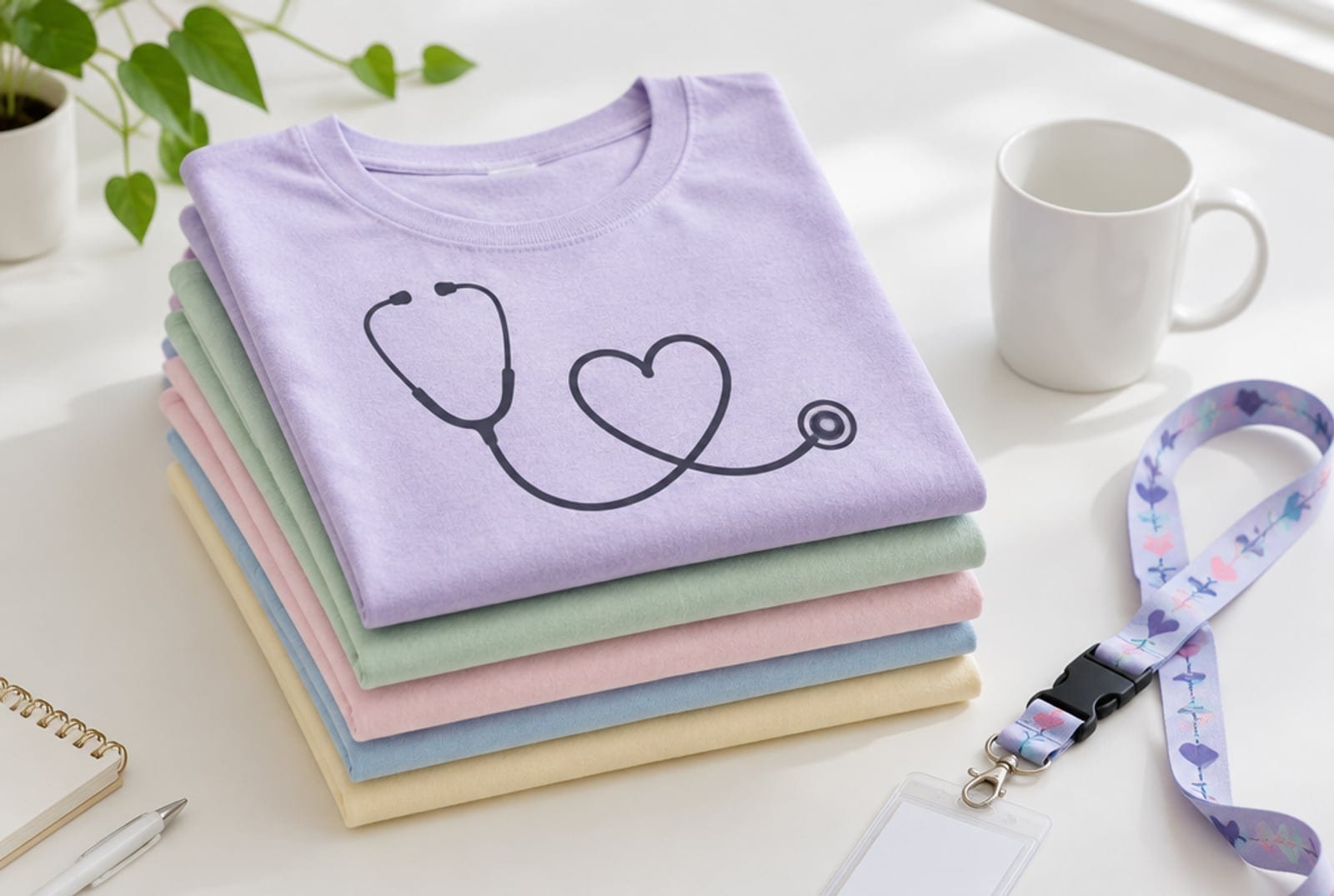Stack of folded pastel t-shirts, the top one with a simple line-art stethoscope-and-heart design, mug and lanyard beside it
