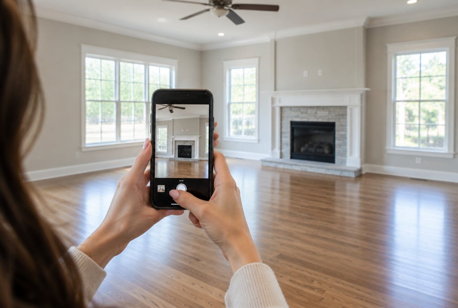 A woman's hands holding a phone photographing a bright empty living room with a fireplace, listing photo moment