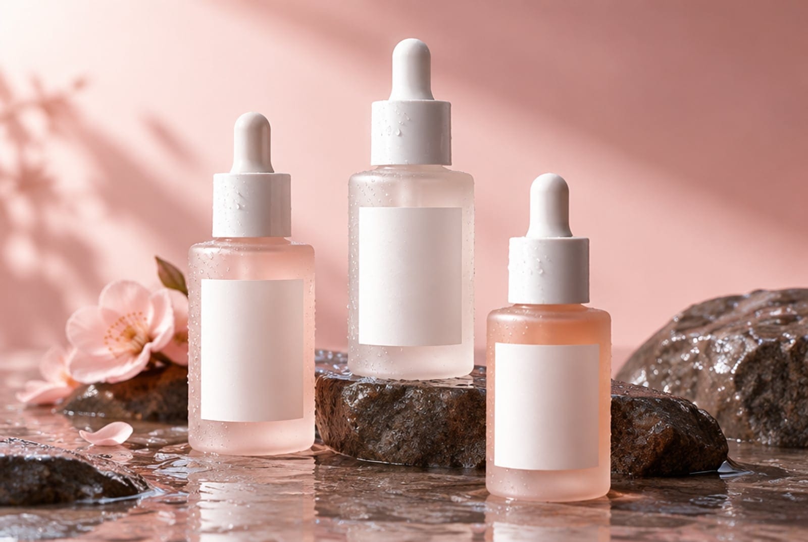 Three frosted-glass serum bottles with blank labels on wet stone with water droplets and soft pink light