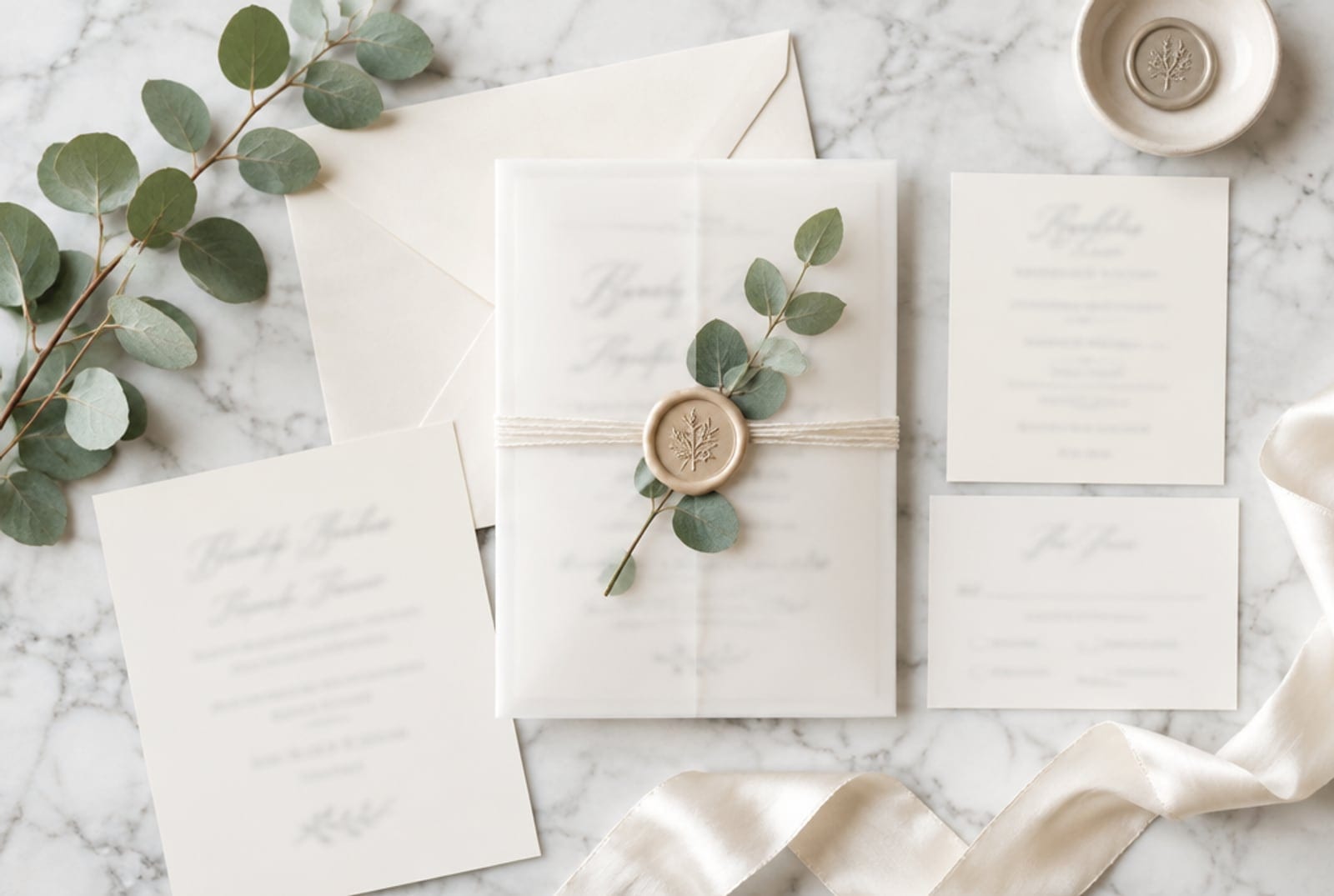 Cream wedding invitation suite with vellum wrap, wax seal, eucalyptus and silk ribbon on marble, styled flat lay