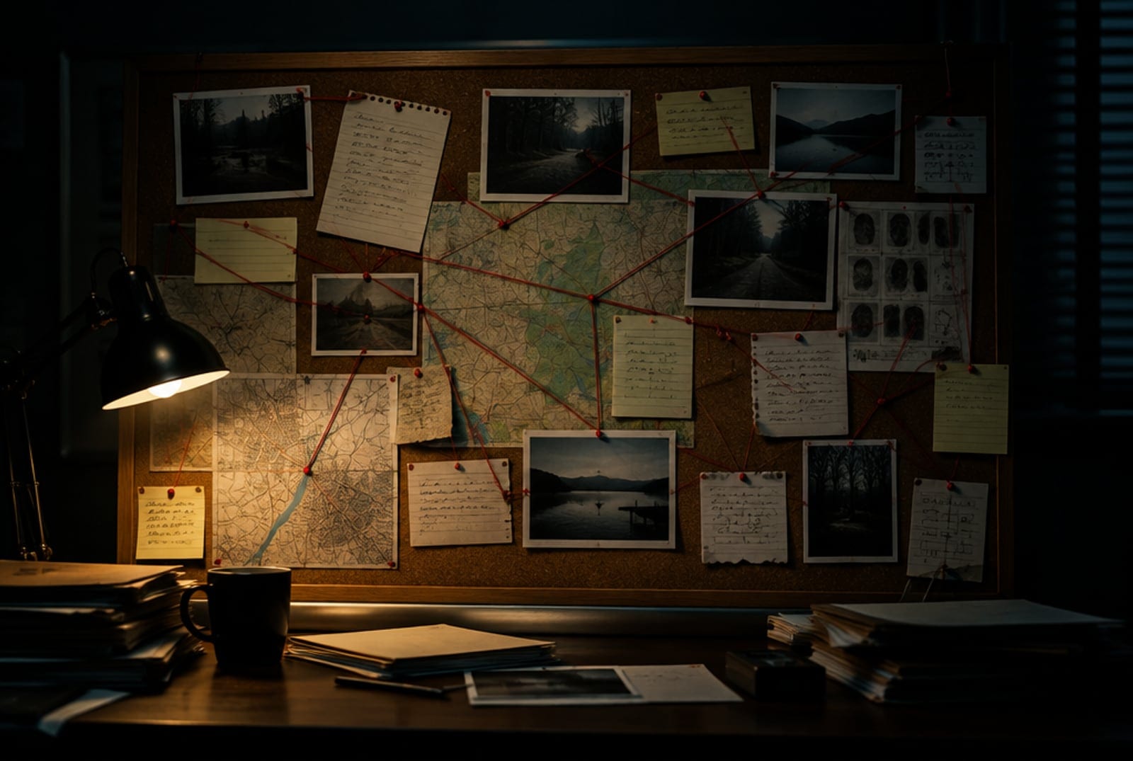 Moody true-crime investigation board with pinned blank photos, maps and red string under a desk lamp