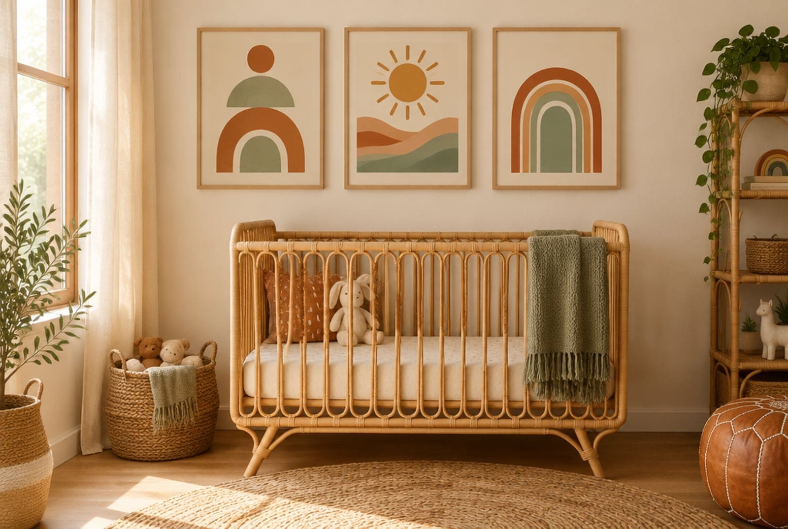 Boho nursery corner with three framed abstract prints in terracotta and sage above a rattan crib, interior photo