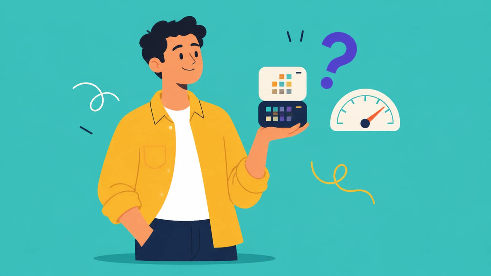 Flat illustration of a person holding a small two-screen gadget, a large question mark and a speedometer gauge beside them