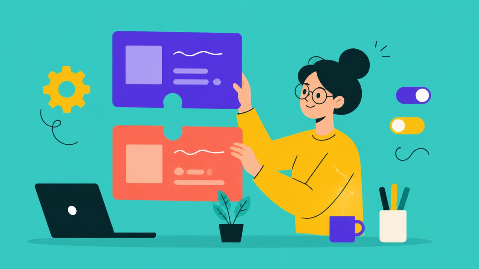 Flat illustration of a person arranging two floating screen panels one above the other, with gear and toggle icons around them