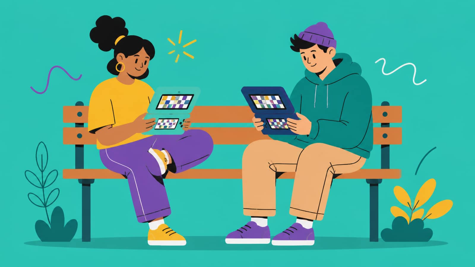Flat illustration of two friends on a park bench each holding an open dual-screen handheld game device