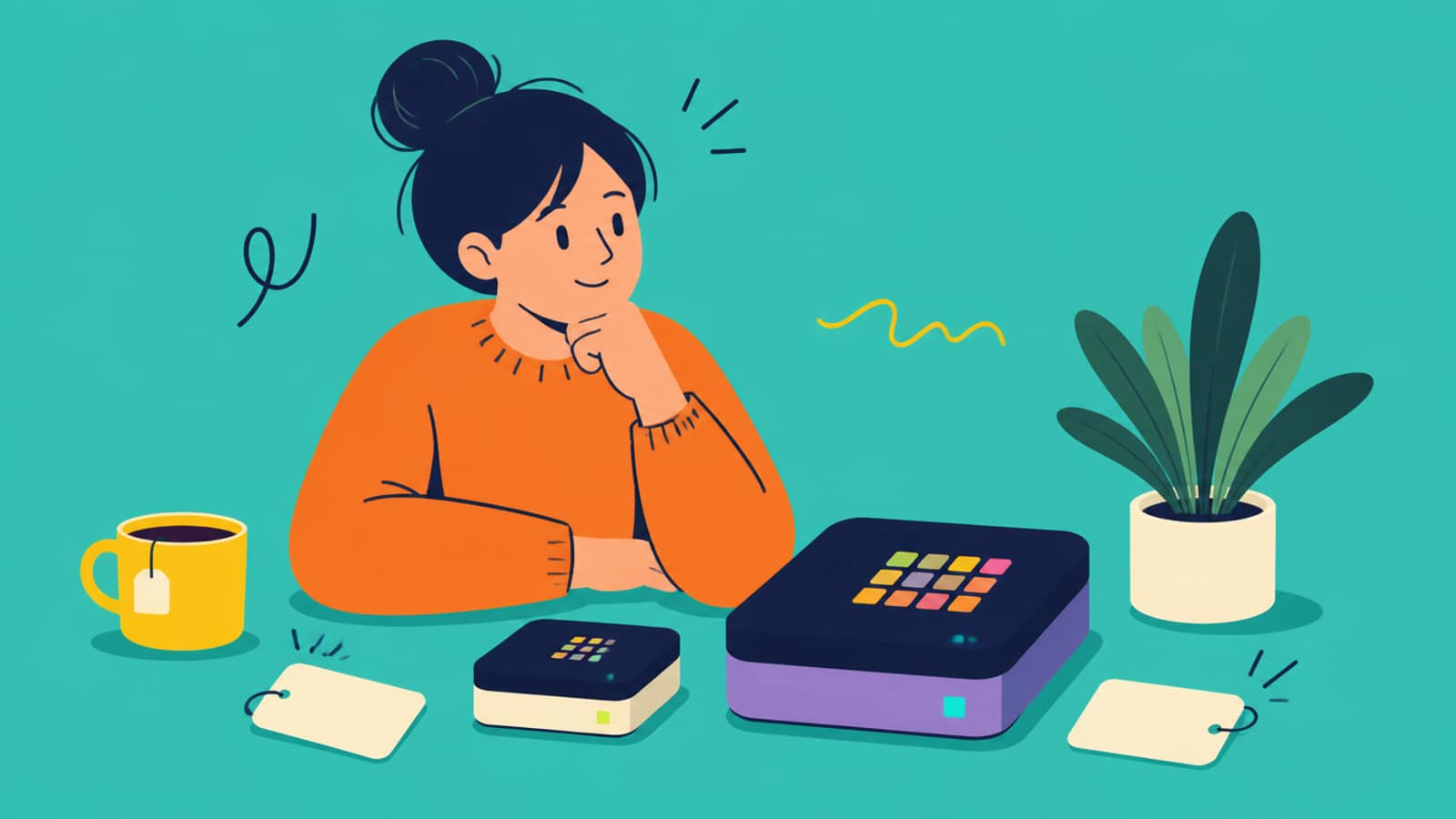 Flat illustration of a person weighing up a small and a large gadget on a table, each with a blank tag