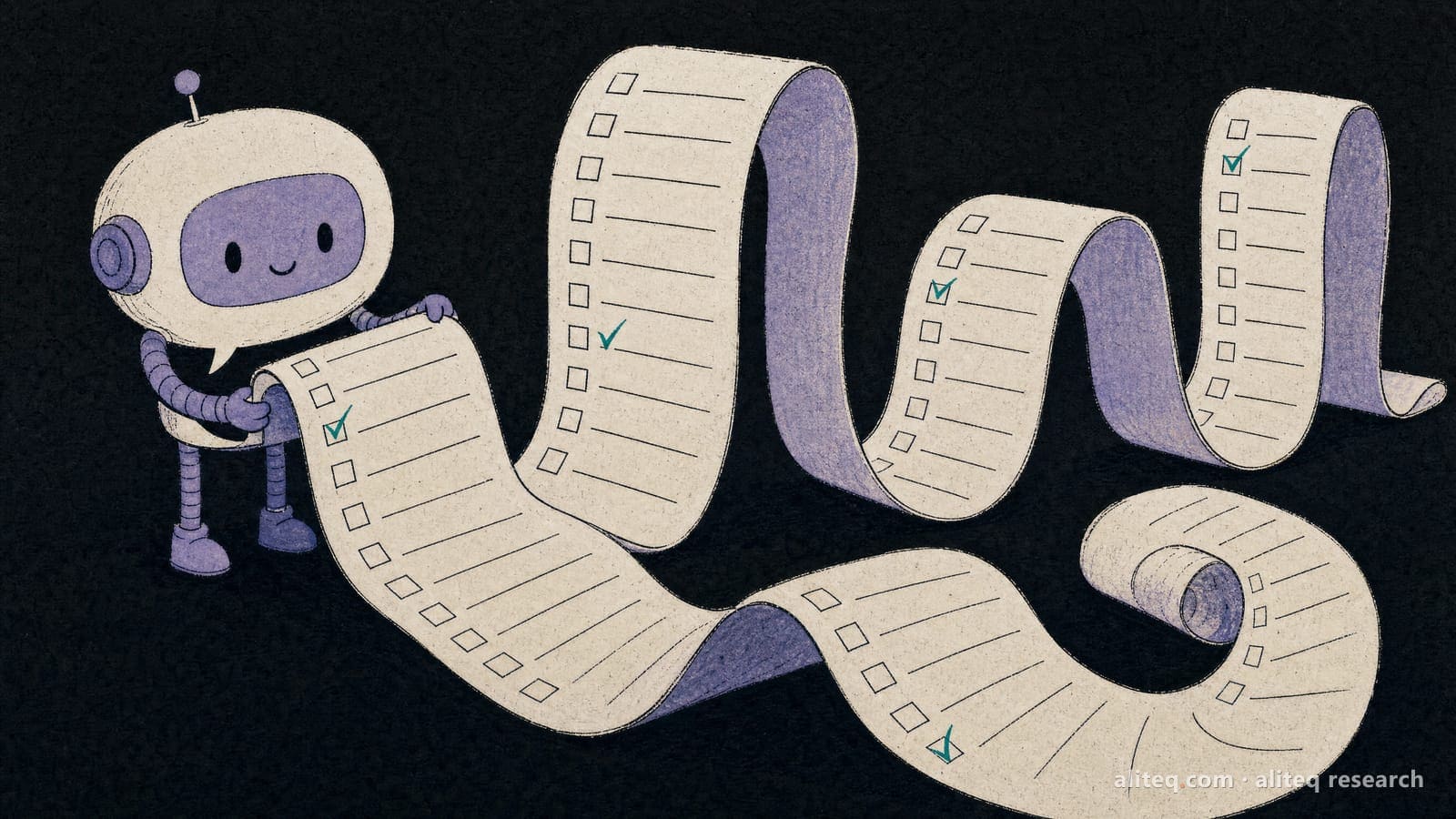 Hand-drawn editorial illustration of a small chat-bubble robot with a very long questionnaire scroll unrolling from it across a dark page