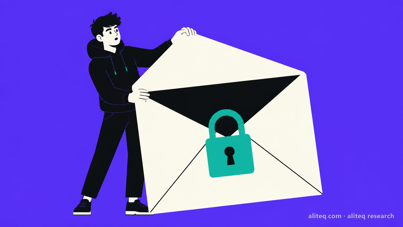 Flat vector illustration of a founder holding open a huge envelope sealed with a teal padlock against a saturated indigo-violet background