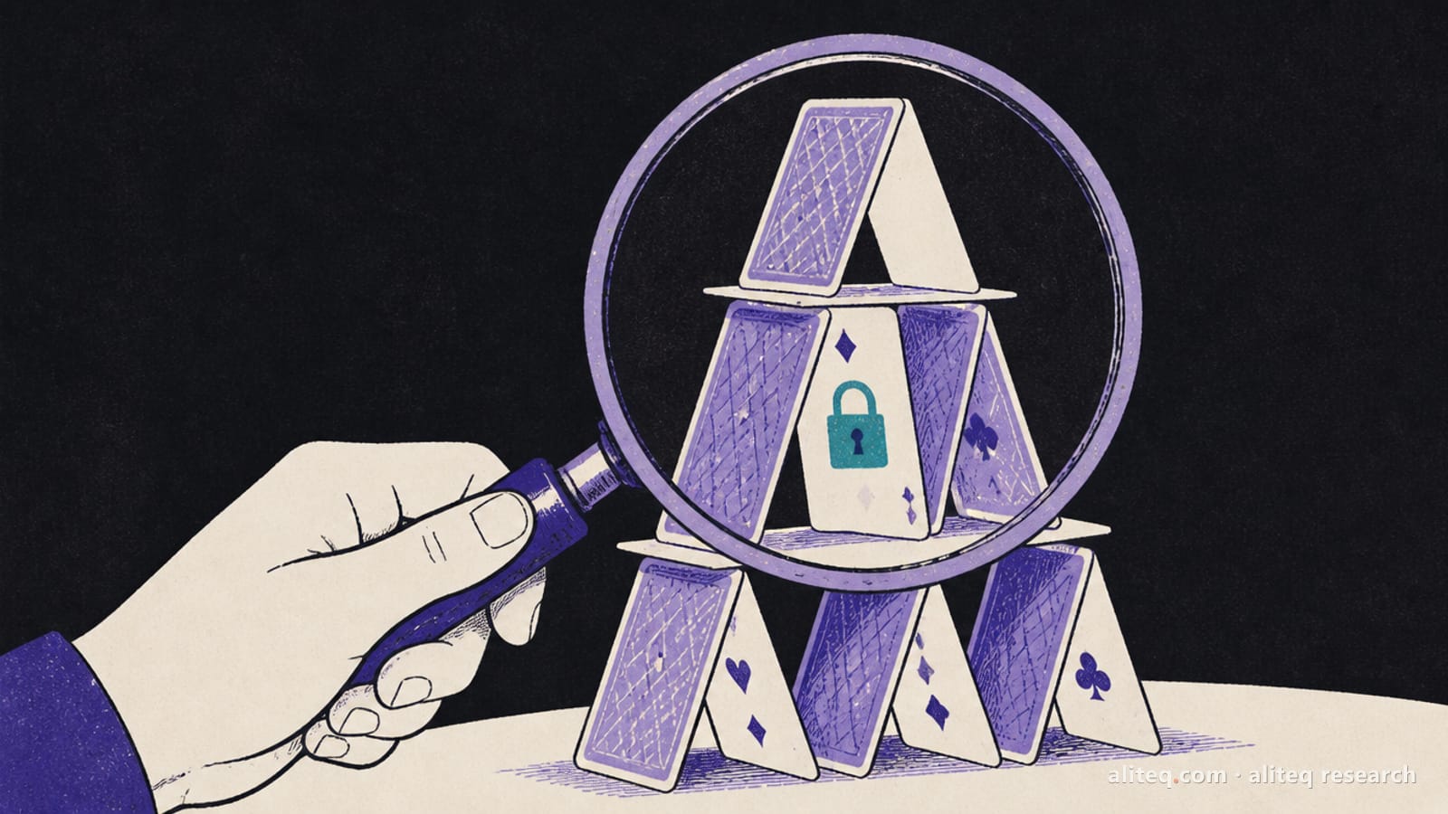 Hand-drawn editorial illustration of a hand holding a magnifying glass over a house of cards, one card carrying a small teal padlock, on a near-black background in indigo-violet and off-white