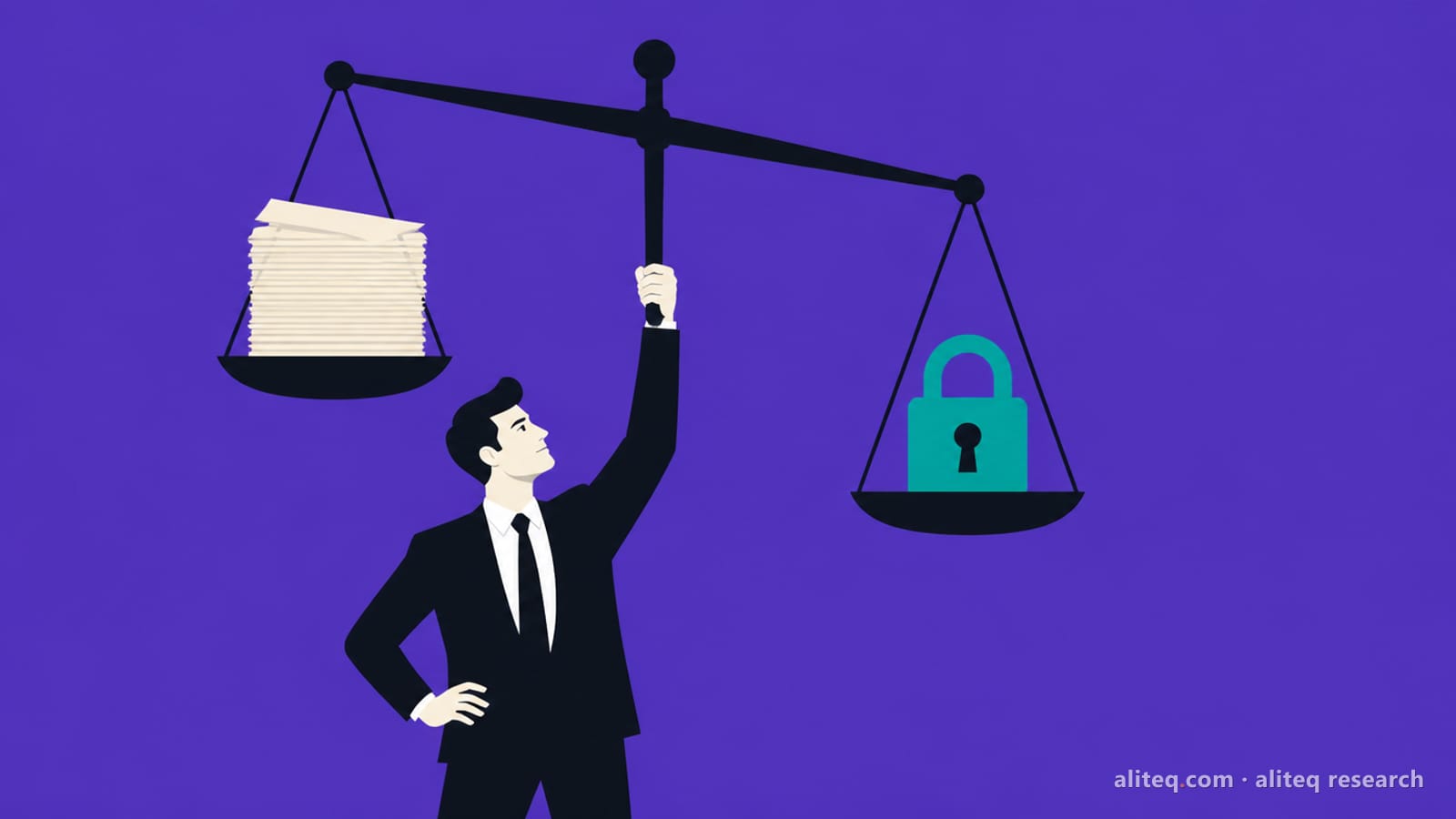 Flat vector illustration of an auditor holding up a large balance scale with a stack of invoices on one pan and a teal padlock on the other