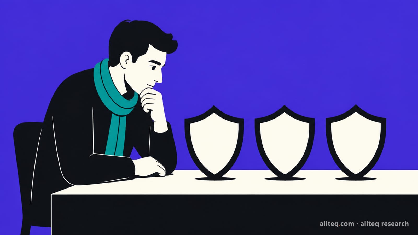 Flat vector illustration of a founder resting their chin on one hand while studying three identical shield badges lined up on a table, a teal scarf as the accent, against a saturated indigo-violet background