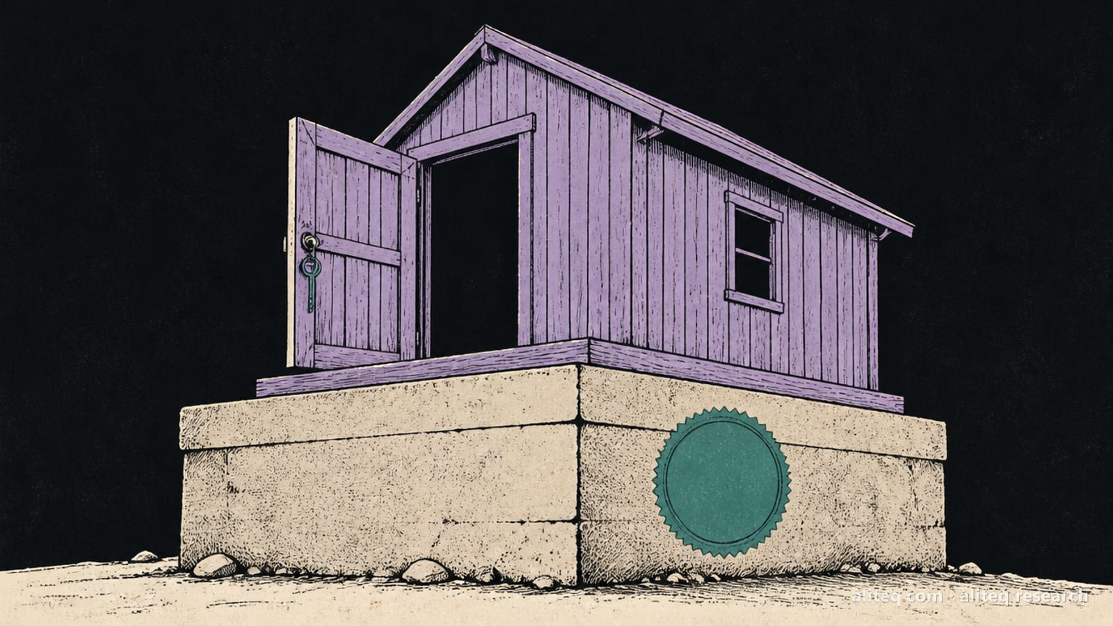 Hand-drawn editorial illustration of a solid stone foundation stamped with a teal seal, carrying a small violet wooden house whose front door stands open with the key still in the lock
