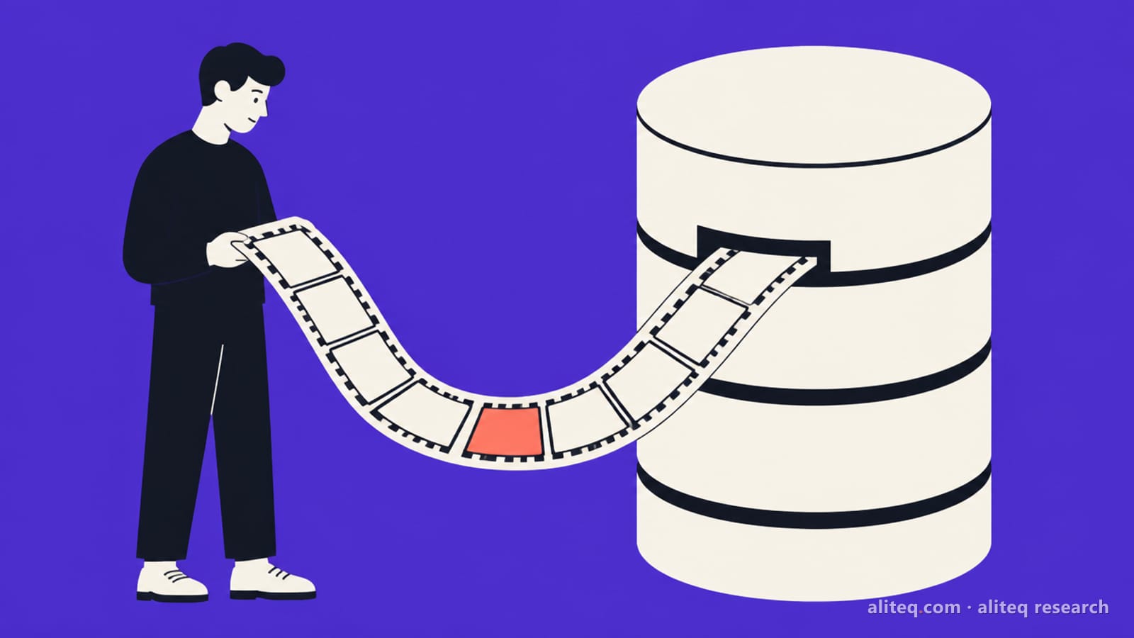 Flat illustration of a person holding the end of a film strip that unrolls from a giant database cylinder, with one coral frame on the strip