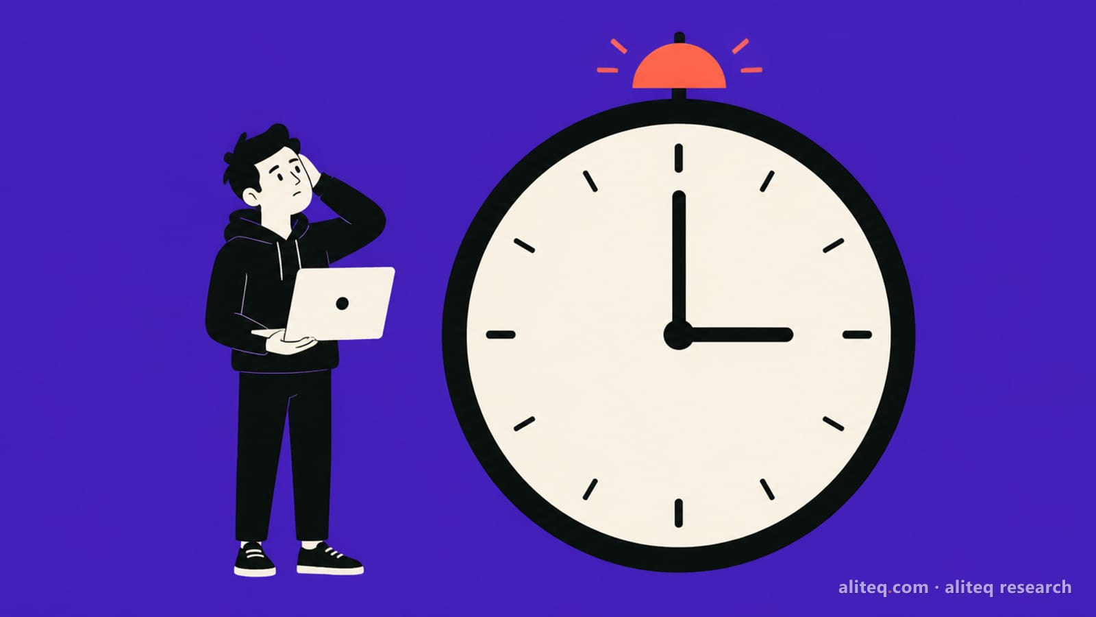 Flat illustration of a developer holding a laptop and scratching his head beside a giant clock showing three o'clock on an indigo background, a coral bell on top of the clock