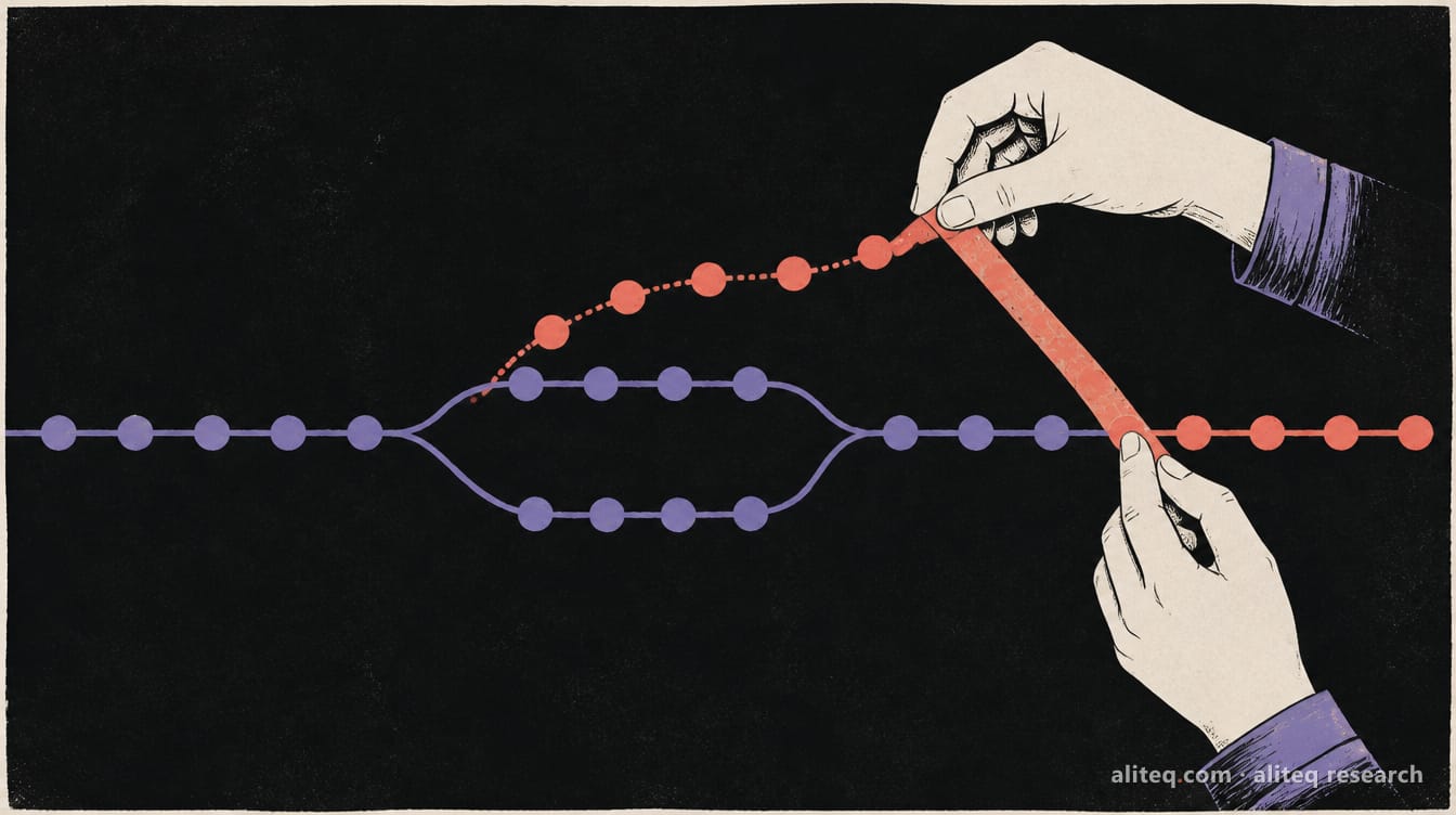 Hand-drawn illustration of two hands peeling a strip of coral commit dots off a branch and laying it onto the end of a violet line of commits