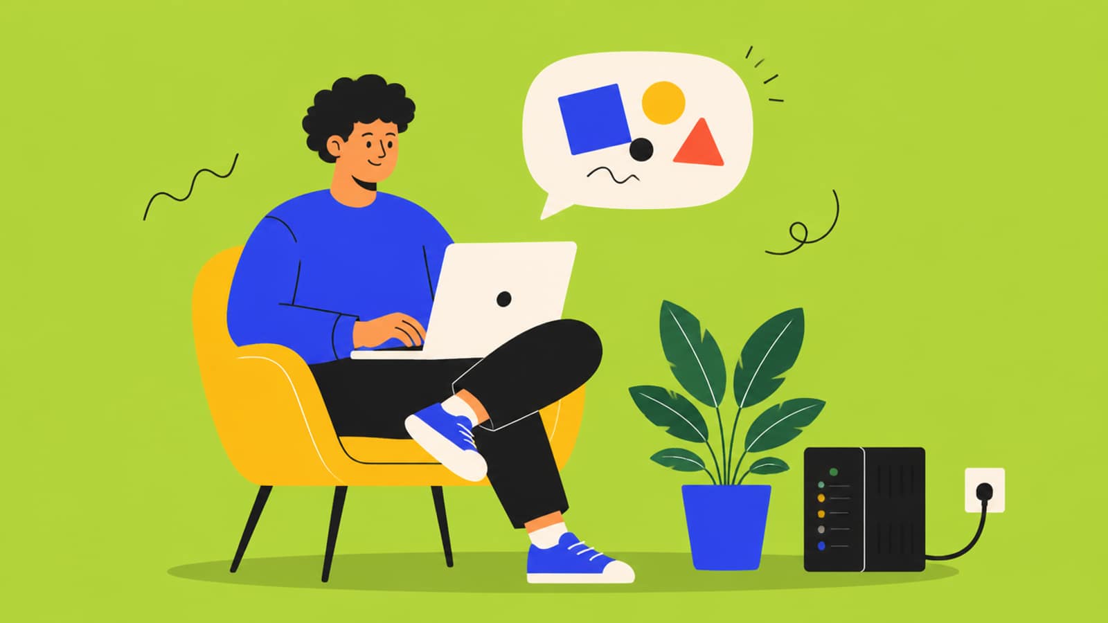 Flat illustration of a developer in an armchair typing on a laptop, with a small home server plugged in beside a plant