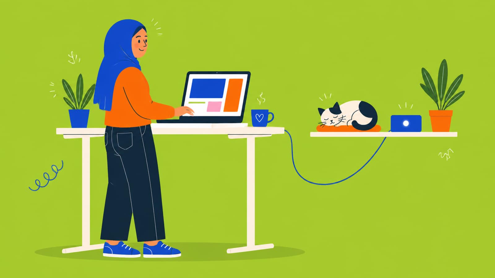 Flat illustration of a developer at a standing desk with a laptop, cabled to a small box on a shelf next to a sleeping cat