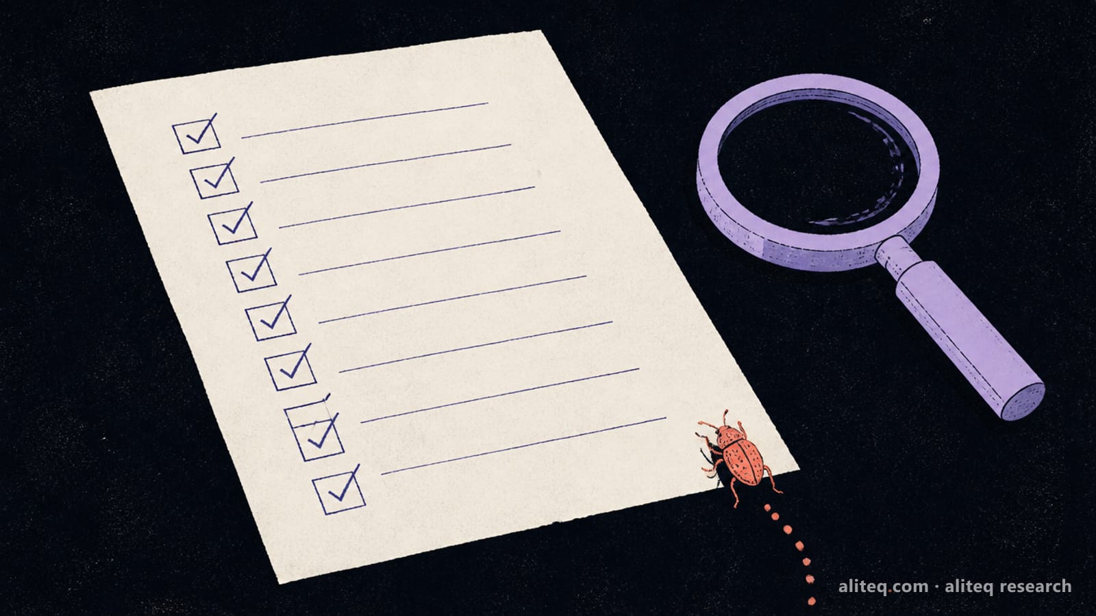 Hand-drawn editorial illustration of a paper checklist with every box ticked while a small coral beetle walks off the edge of the page, a lavender magnifying glass lying unused beside it