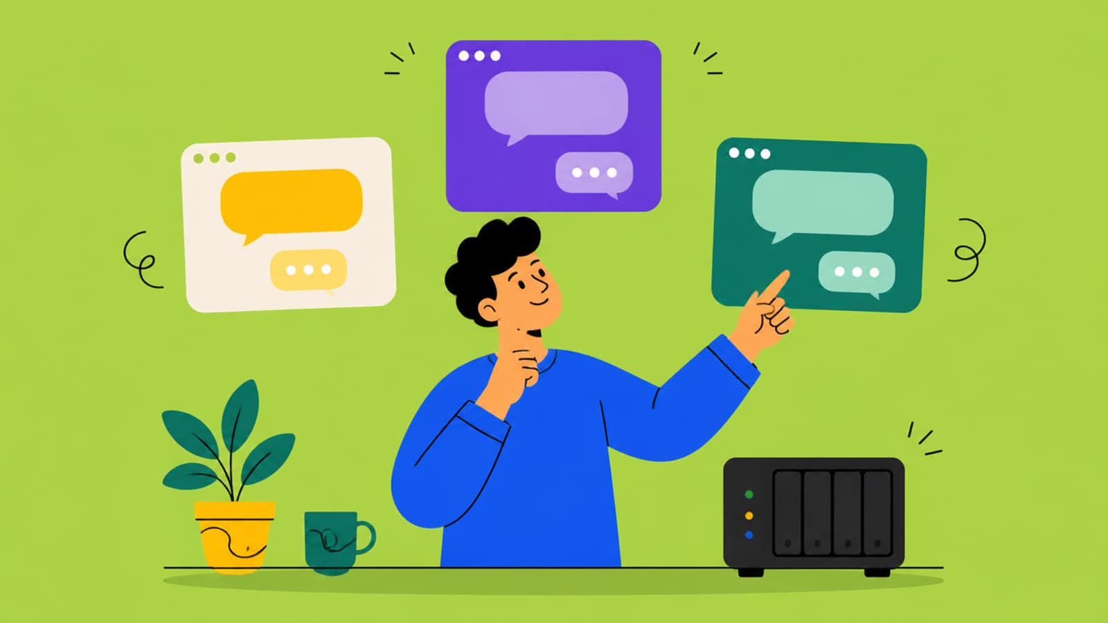 Flat illustration of a person choosing between three floating chat windows above a small home server